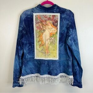 Artistic Blue Tie-Dye Denim Jacket Upcycled Custom Lace Fringe